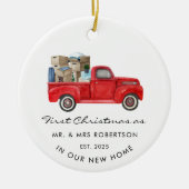 Eerste Kerstmis als de heer en mevrouw Red Truck N Keramisch Ornament (Voorkant)