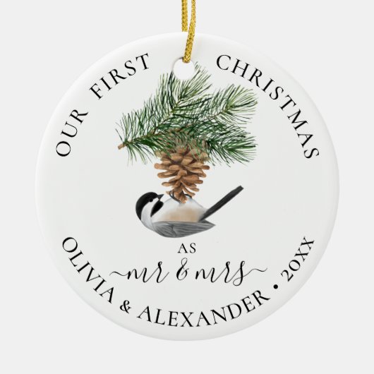Eerste Kerstmis als de heer & mevrouw Chickadee op Keramisch Ornament (Voorkant)
