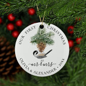 Eerste Kerstmis als de heer & mevrouw Chickadee op Keramisch Ornament