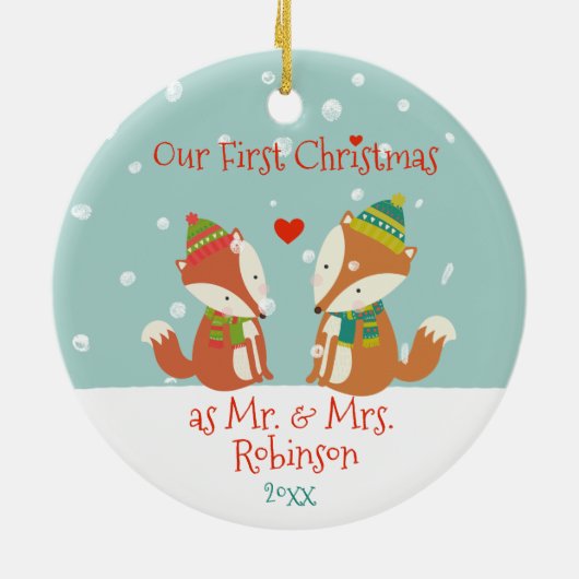 Eerste Kerstmis als de heer & mevrouw - Cute Woodl Keramisch Ornament (Achterkant)