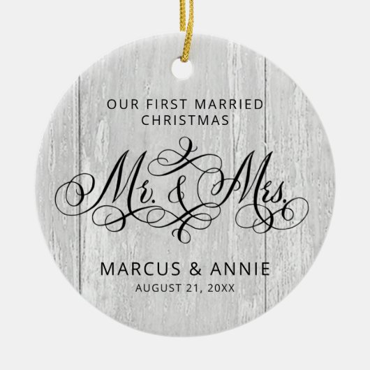 Eerste Kerstmis als de heer & mevrouw Rustic Grey  Keramisch Ornament (Voorkant)