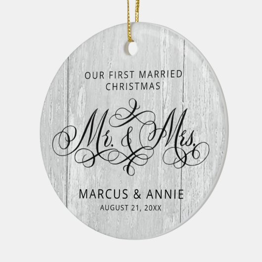 Eerste Kerstmis als de heer & mevrouw Rustic Grey  Keramisch Ornament (Links)