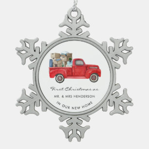 Eerste Kerstmis als de heer Red Truck Holiday Home Tin Sneeuwvlok Ornament