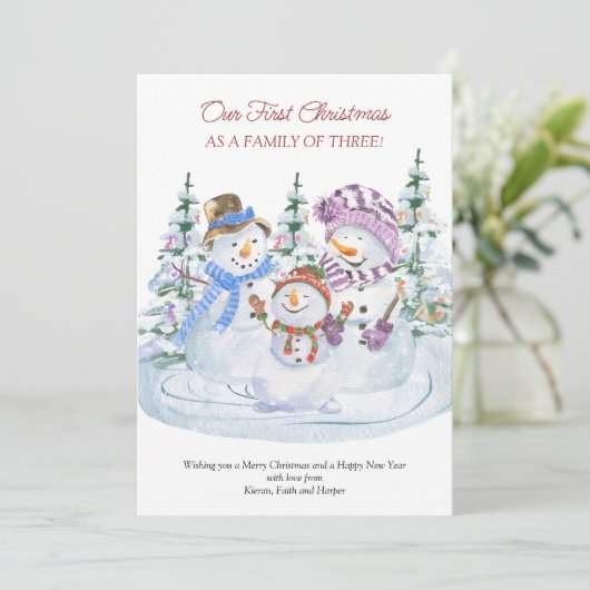 Eerste Kerstmis als familie van 3 Merry Snowmen Ba Aankondiging (Staand voorkant)