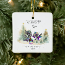 Eerste Kerstmis als Familie van 3 Neon Dragon Squa Keramisch Ornament