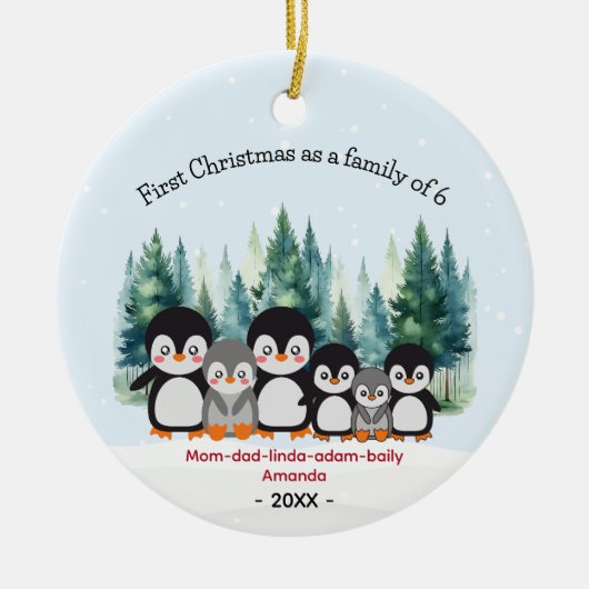 Eerste Kerstmis als familie van 6 pinguïns Keramisch Ornament (Voorkant)