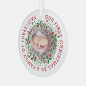 Eerste Kerstmis als familie van drie grote foto's Glas Ornament (Voorkant links)