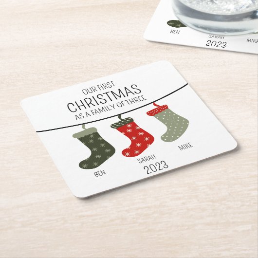 Eerste Kerstmis als familie van drie Kartonnen Onderzetters (Schuin)