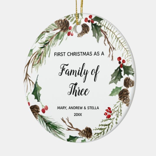 Eerste Kerstmis als familie van drie Keramisch Ornament (Links)