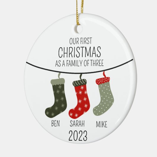 Eerste Kerstmis als familie van drie Keramisch Ornament (Links)