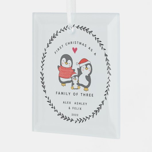 Eerste Kerstmis als familie van drie pinguïns Glas Ornament (Voorkant links)