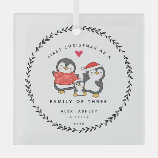 Eerste Kerstmis als familie van drie pinguïns Glas Ornament (Voorkant)