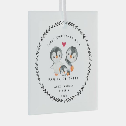 Eerste Kerstmis als familie van drie pinguïns Glas Ornament (Voorkant Rechts)