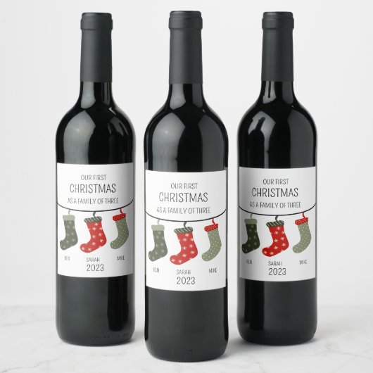 Eerste Kerstmis als familie van drie Wijn Etiket (Flessen)