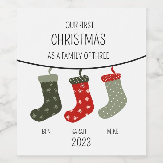 Eerste Kerstmis als familie van drie Wijn Etiket (Enkel label)