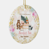 Eerste Kerstmis als familie van vier roze Floral Keramisch Ornament (Rechts)