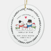 Eerste Kerstmis als familie van vijf Snowmen Ceram Keramisch Ornament (Links)