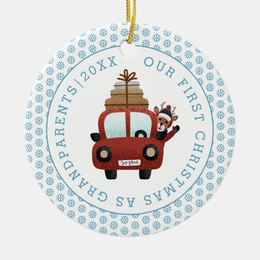 Eerste Kerstmis als foto van grootouders blauw gli Keramisch Ornament (Voorkant)