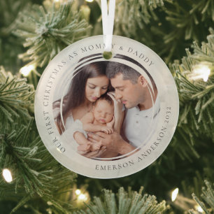 Eerste Kerstmis als foto van mama en papa Marble Glas Ornament