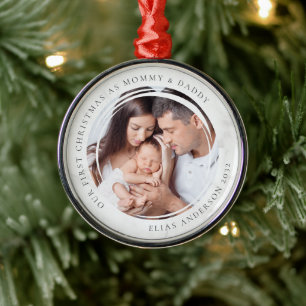Eerste Kerstmis als foto van mama en papa Marble Metalen Ornament