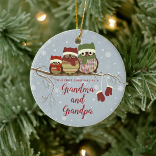 Eerste Kerstmis als Grandma Grandpa Owl Familie Aa Keramisch Ornament