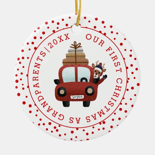Eerste Kerstmis als grootouderauto en rode foto Keramisch Ornament (Voorkant)