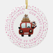 Eerste Kerstmis als grootouderauto en roze foto Keramisch Ornament (Voorkant)