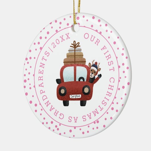 Eerste Kerstmis als grootouderauto en roze foto Keramisch Ornament (Links)