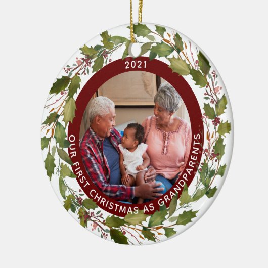 Eerste Kerstmis als Grootouders 2-Foto Wreated Keramisch Ornament (Links)
