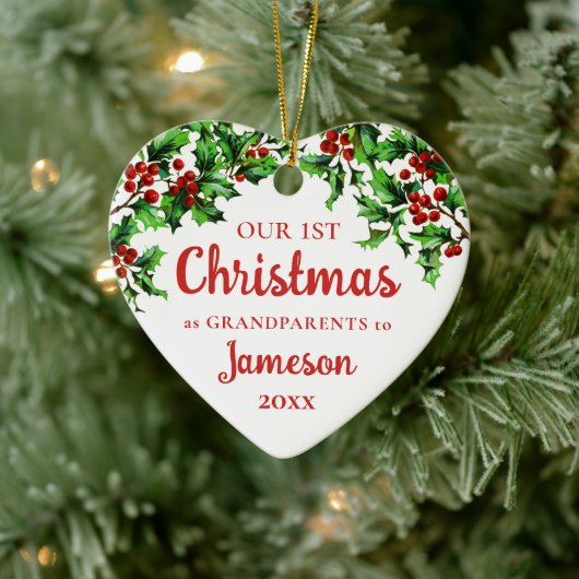 Eerste Kerstmis als grootouders Holly Heart Foto Keramisch Ornament (Boom)