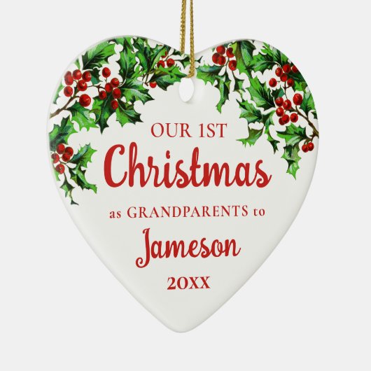 Eerste Kerstmis als grootouders Holly Heart Keramisch Ornament (Rechts)