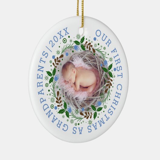 Eerste Kerstmis als grootouders met blauwe foto Keramisch Ornament (Rechts)