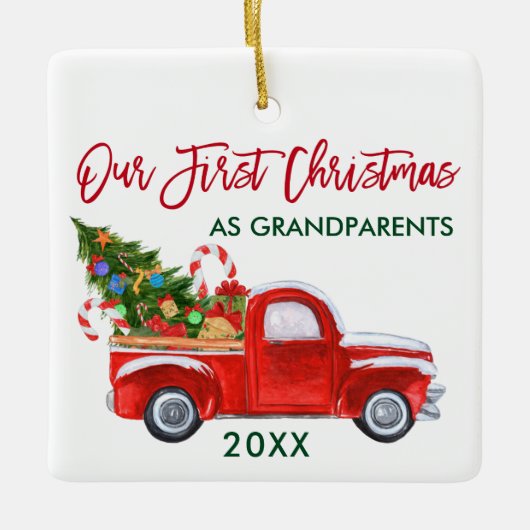 Eerste Kerstmis als grootouders Truck Red Green Keramisch Ornament (Voorkant)