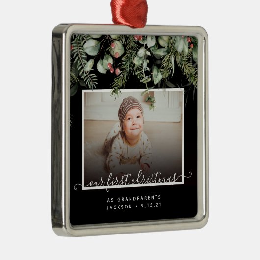 Eerste Kerstmis als Grootouders Winter Greenery Metalen Ornament (Rechts)