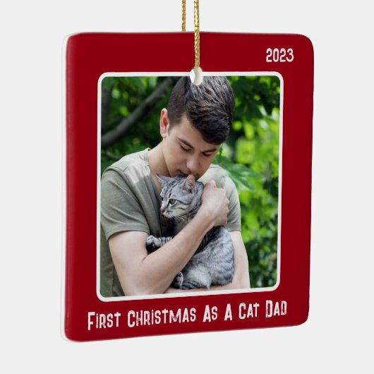 Eerste Kerstmis als Kat Pap 2 Foto Rood Modern Keramisch Ornament (Rechts)