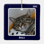 Eerste Kerstmis als kat pap 2 kat fotoblauw Keramisch Ornament (Achterkant)