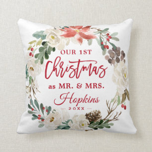 Eerste Kerstmis als M. & Mevr. Floral Wreath Photo Kussen