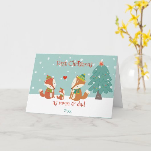 Eerste Kerstmis als mam en pap - Cute Woodland Fox Kaart (Gele Bloem)