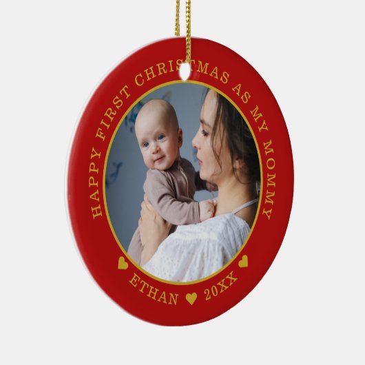 Eerste Kerstmis als mama Baby Foto rood en goud Keramisch Ornament (Rechts)