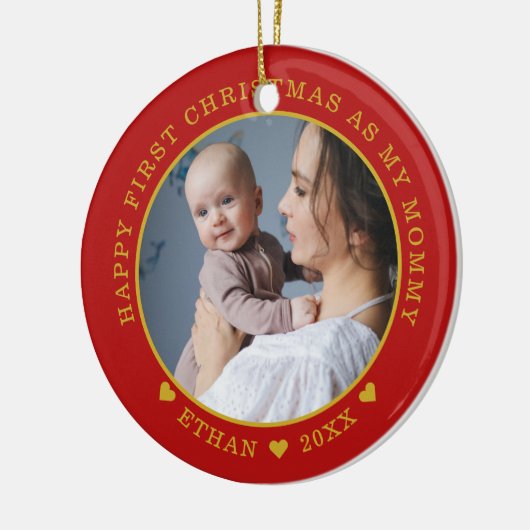 Eerste Kerstmis als mama Baby Foto rood en goud Keramisch Ornament (Links)