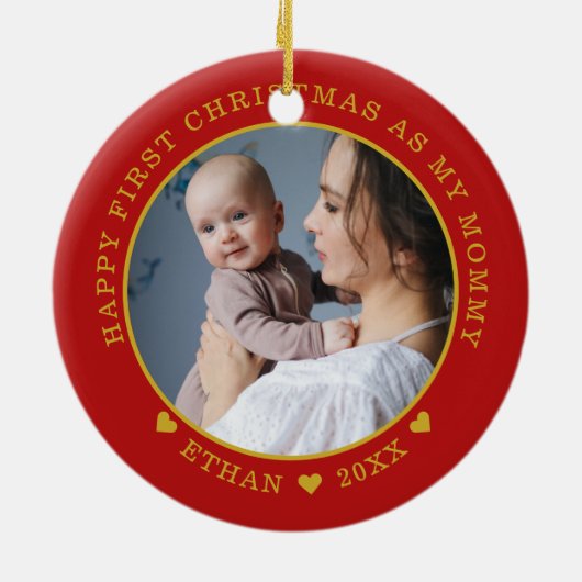 Eerste Kerstmis als mama Baby Foto rood en goud Keramisch Ornament (Achterkant)