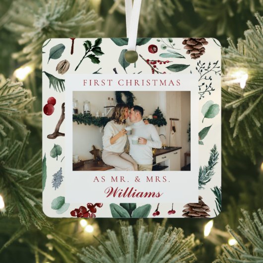 Eerste Kerstmis als Mr en Mrs Botanical Foto Metalen Ornament (Insitu)
