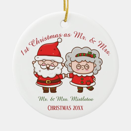 Eerste Kerstmis als Mr. en Mrs Cute Santa Mrs Clau Keramisch Ornament (Voorkant)