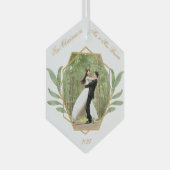 Eerste Kerstmis als Mr. en Mrs. Foto Gold Greenery Glas Ornament (Voorkant Rechts)