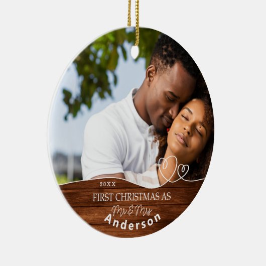 Eerste Kerstmis als Mr en Mrs Foto Naam Datum Keramisch Ornament (Rechts)