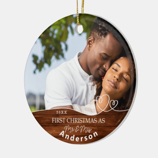 Eerste Kerstmis als Mr en Mrs Foto Naam Datum Keramisch Ornament (Links)