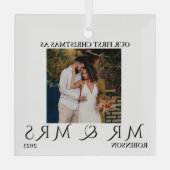 Eerste Kerstmis als Mr en Mrs Modern Couple Foto Glas Ornament (Achterkant)