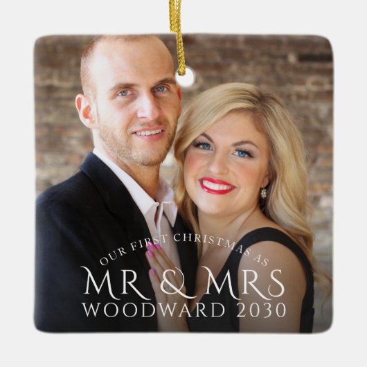 Eerste Kerstmis als Mr en Mrs Paar Foto Keramisch Ornament (Voorkant)