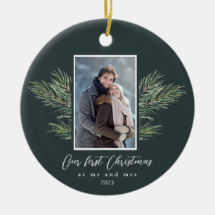 Eerste Kerstmis als Mr en Mrs Pine Branch Foto Keramisch Ornament