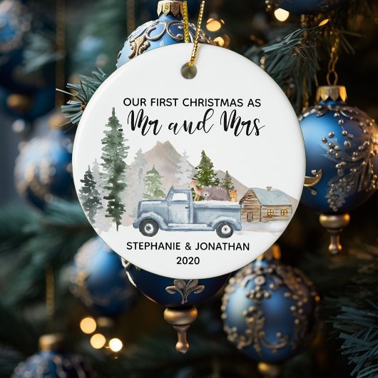 Eerste Kerstmis als Mr en Mrs Truck Rustic Keramisch Ornament